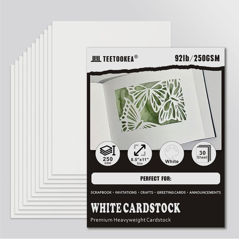 TEETOOKEA 30 Sheets White Cardstock, 8.5 x 11 Card Stock, 92lb/250gsm Thick Cover Stock, Heavyweight Printer Paper for Invitations, Scrapbooking, Crafting, DIY Projects, Decoration and Drawing - Image 1
